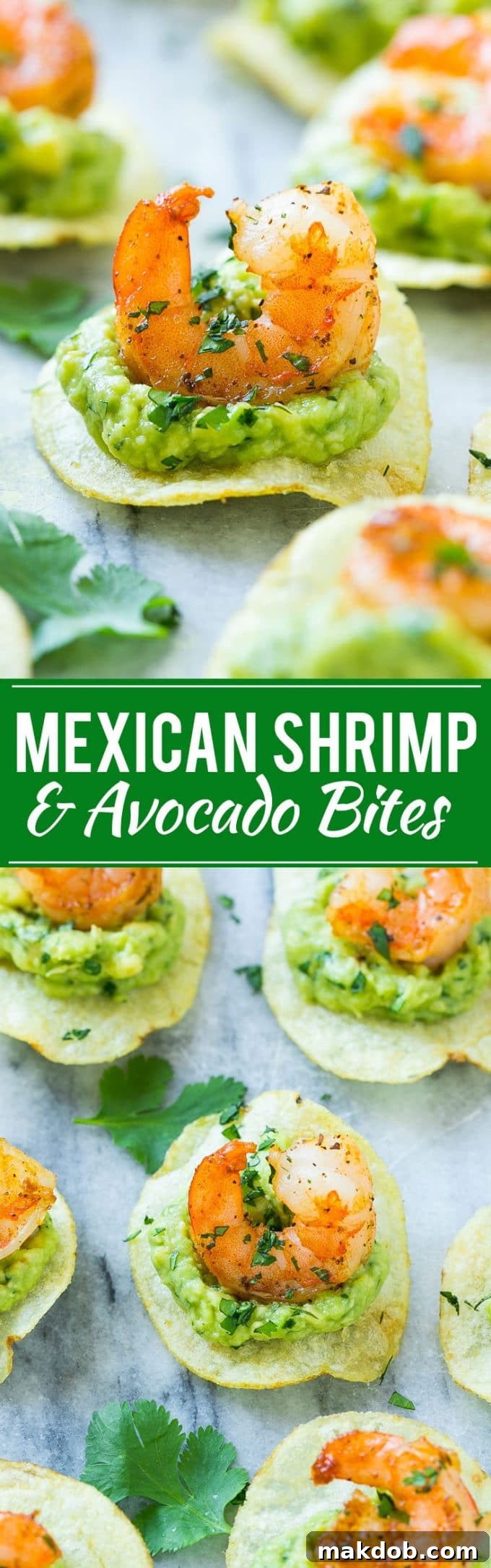 Mexican shrimp bites artfully arranged with guacamole, perfectly spiced shrimp, and classic potato chips, ready for serving.