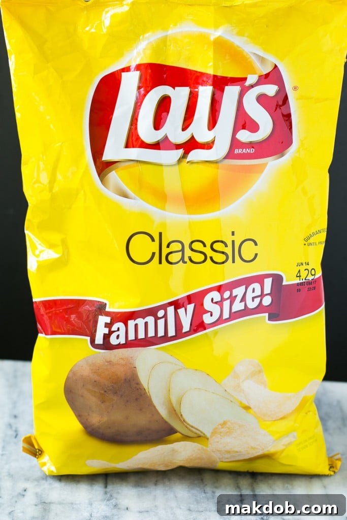 A bag of Lay's Classic potato chips, the essential crunchy base for Mexican shrimp bites.