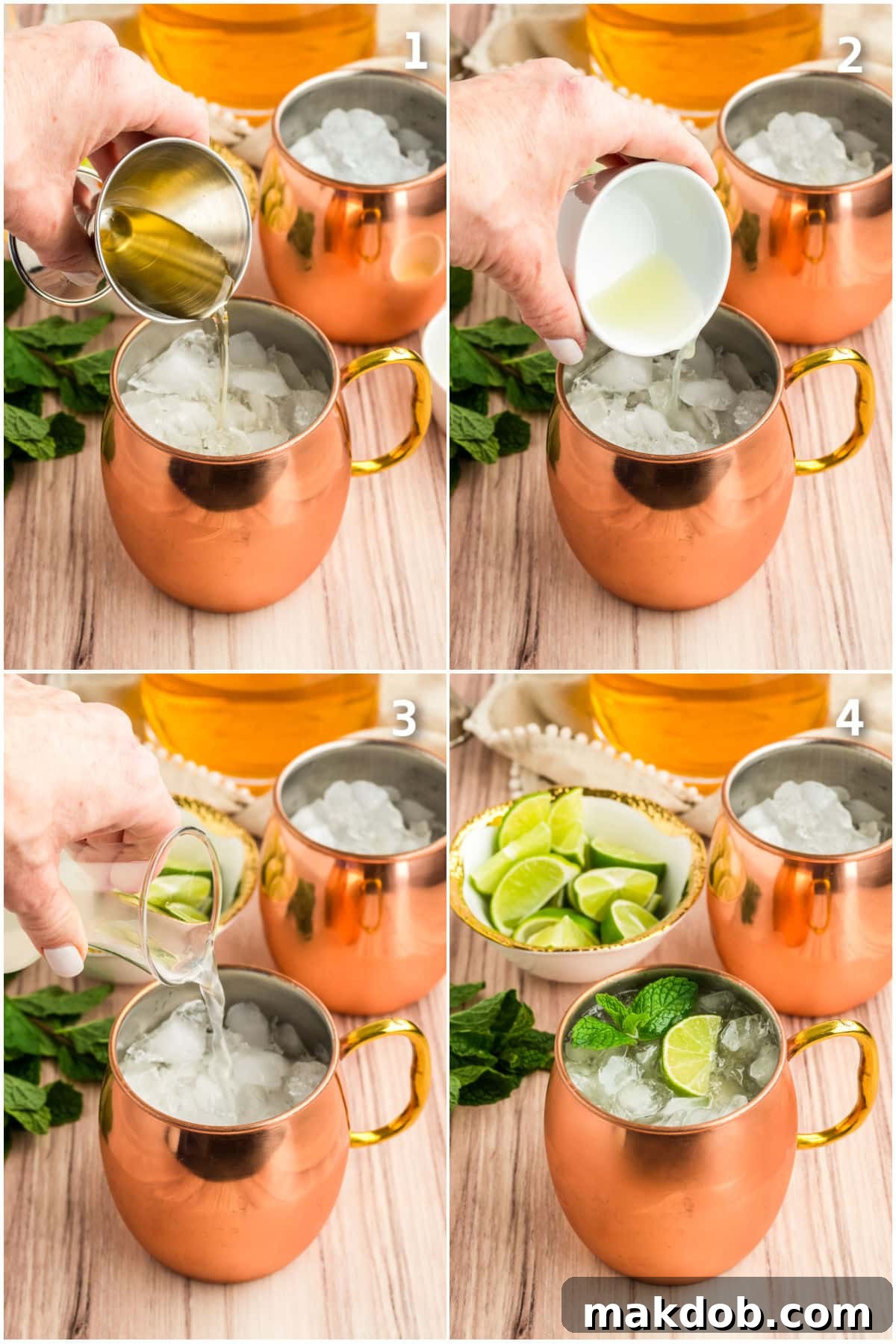 Refreshing Irish Mule 4 A collage showing the process of making an Irish Mule: pouring whiskey, then lime juice, then ginger beer into a copper mug filled with ice.