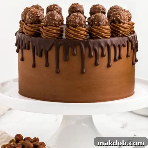 A Nutella cake on a stand with chocolate frosting, a ganache drizzle and chocolate hazelnut candy.