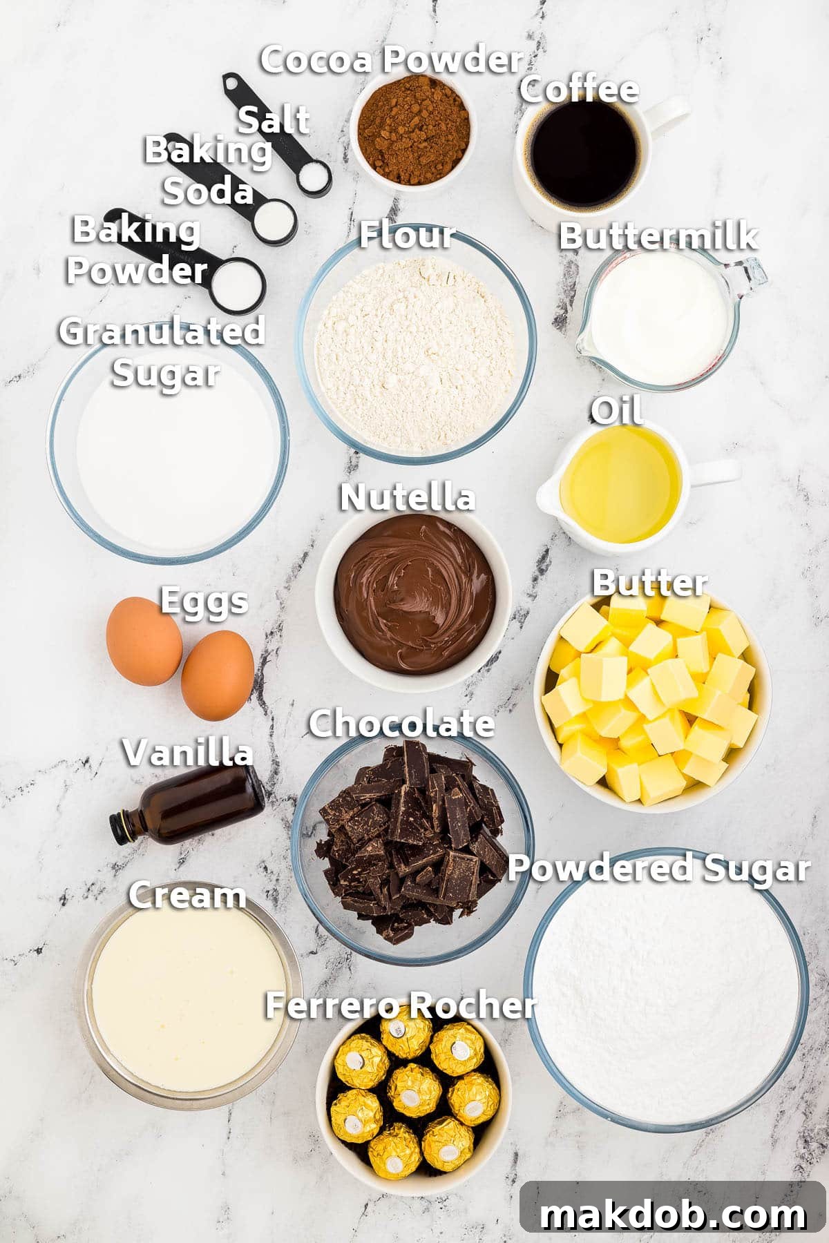 A collection of essential baking ingredients laid out in bowls, including butter, flour, sugar, eggs, and rich chocolate pieces, ready to be transformed into a delicious Nutella cake.