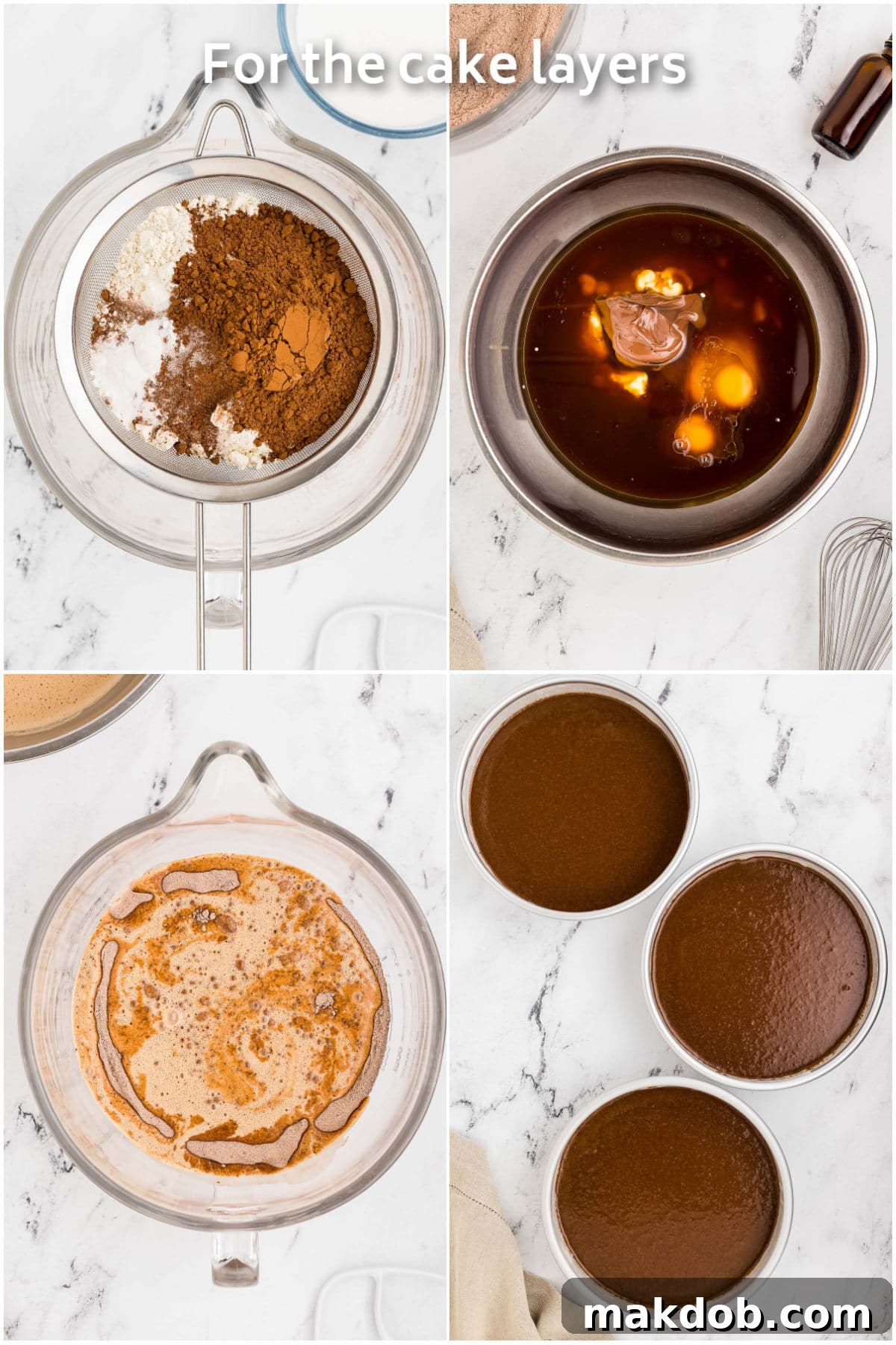 Ultimate Nutella Delight 4 A collage showing the process of combining wet and dry ingredients in a mixing bowl to create smooth cake batter for a Nutella cake.