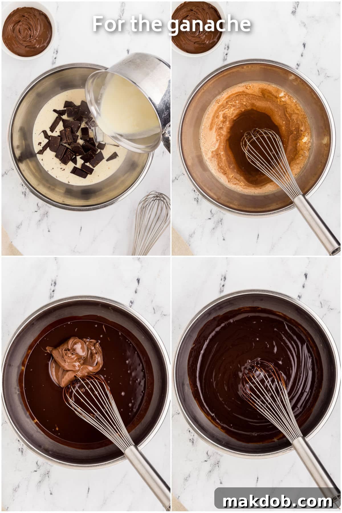 A series of images showing semisweet chocolate, heavy cream, and Nutella being combined and whisked to create a smooth, glossy ganache.