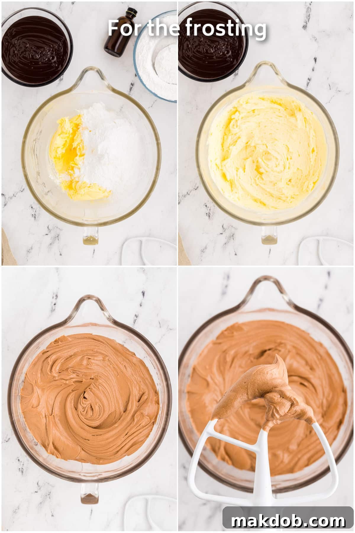 A close-up view of butter, powdered sugar, and ganache mixing in a bowl, transforming into the smooth Nutella buttercream frosting.