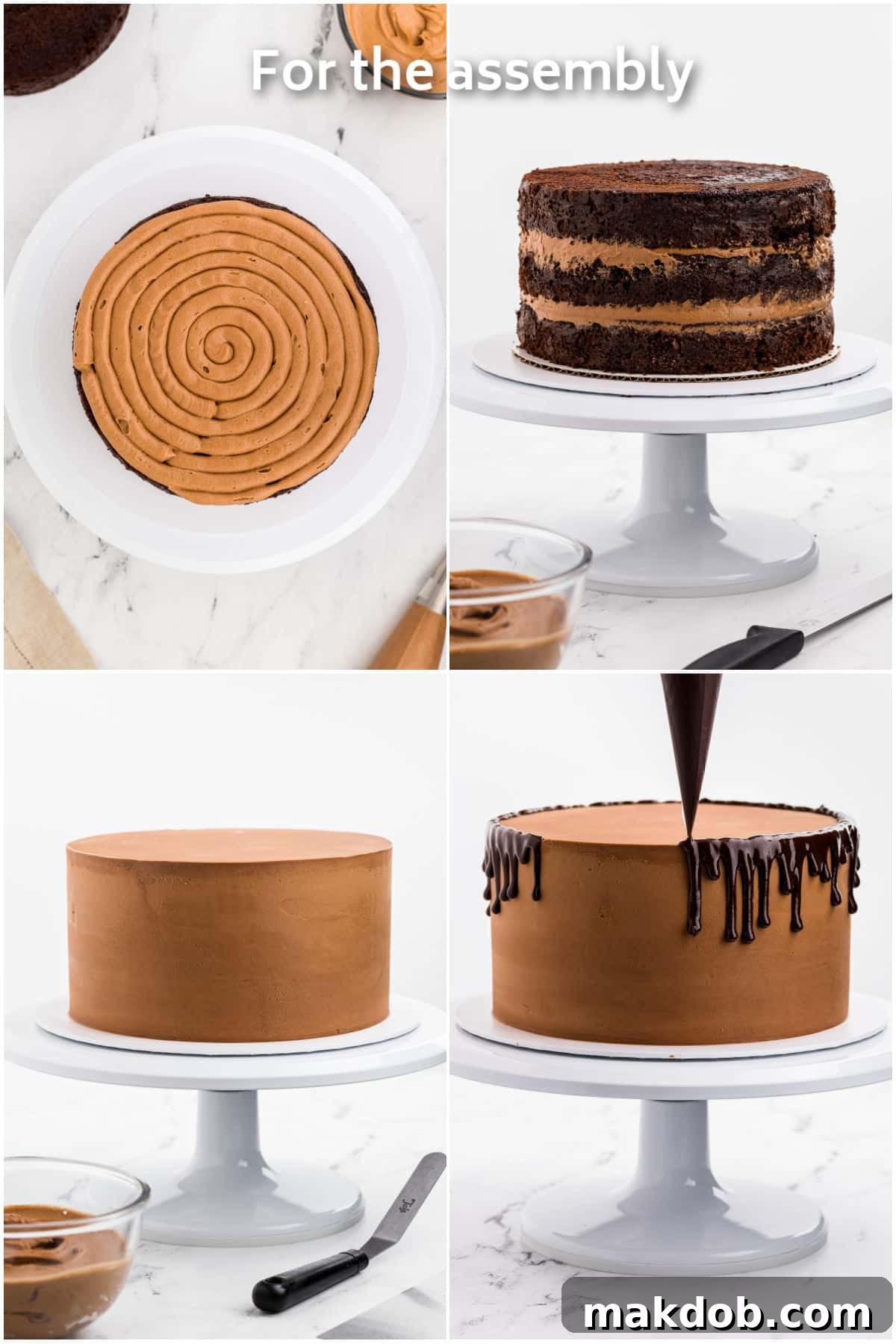 Ultimate Nutella Delight 7 A step-by-step collage demonstrating the assembly and frosting of a magnificent three-layer chocolate cake, showcasing the process of layering, crumb coating, and smoothing the final frosting.