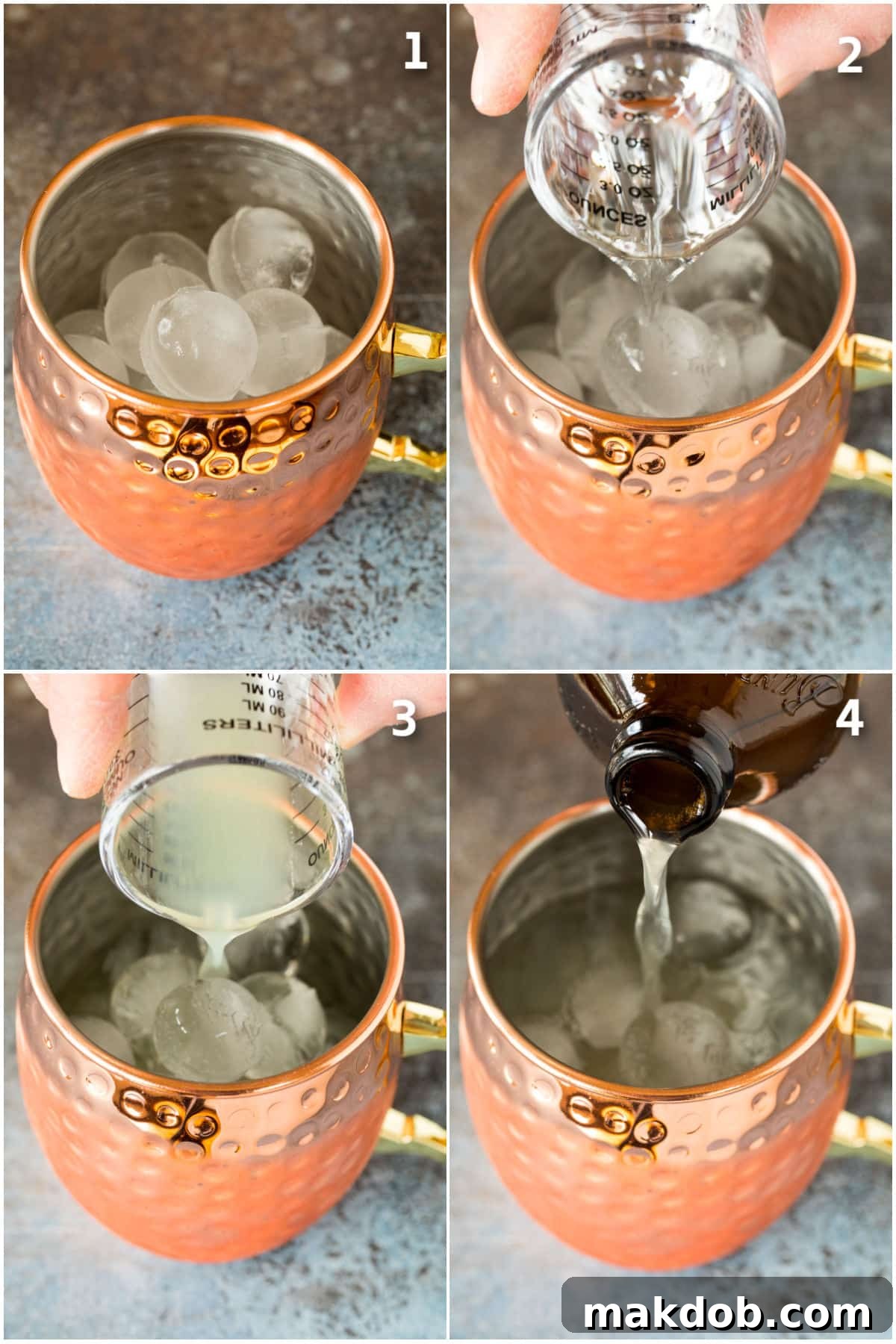 Tequila Mule 4 Lime juice, tequila and ginger beer being poured into a copper mug.