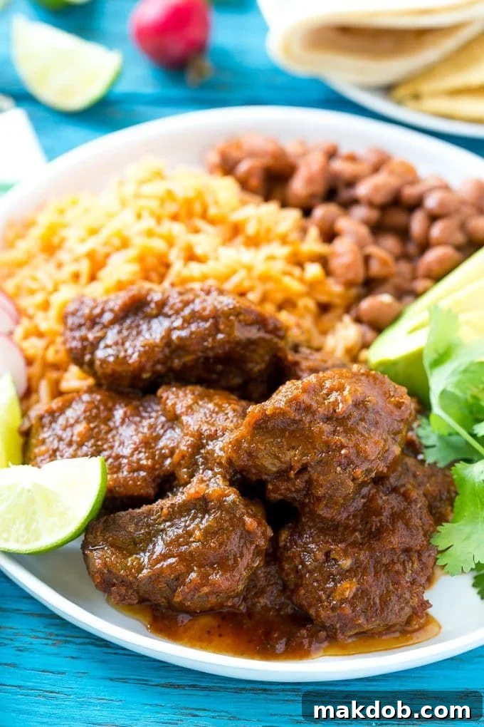 A serving of authentic Chile Colorado on a plate, garnished with fresh cilantro and served alongside fluffy Mexican rice and savory pinto beans.