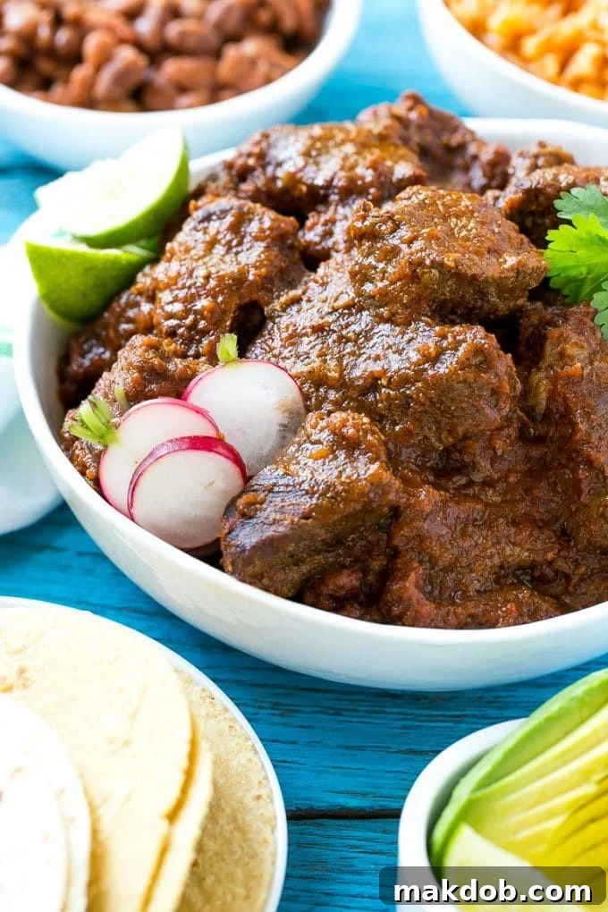 A bowl of delicious Chile Colorado, surrounded by an array of fresh toppings including soft tortillas, creamy avocado slices, and hearty beans, ready for a customizable Mexican feast.