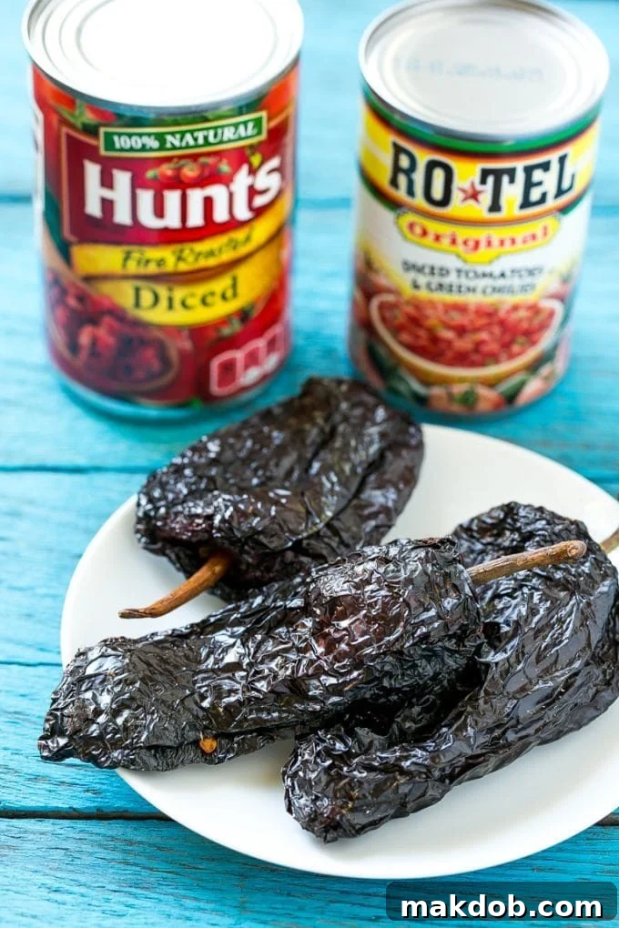 Key Ingredients: Dried Ancho Chiles and Fire Roasted Tomatoes Cans of tomatoes and dried chiles on a plate, essential ingredients for Chile Colorado.