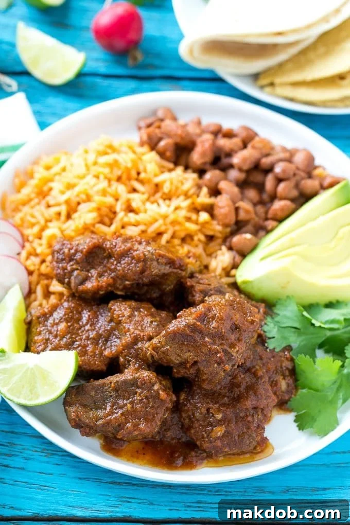 A beautifully composed plate featuring tender Mexican beef in red sauce (Chile Colorado), served with a generous portion of rice and beans, highlighting a complete and satisfying meal.