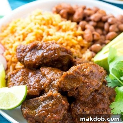 Rich Chile Colorado 2 A finished plate of Chile Colorado with rice and beans