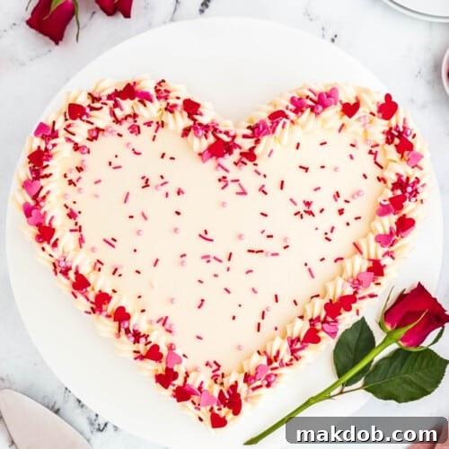 A heart cake on a cake stand topped with cream cheese frosting and red and pink sprinkles.