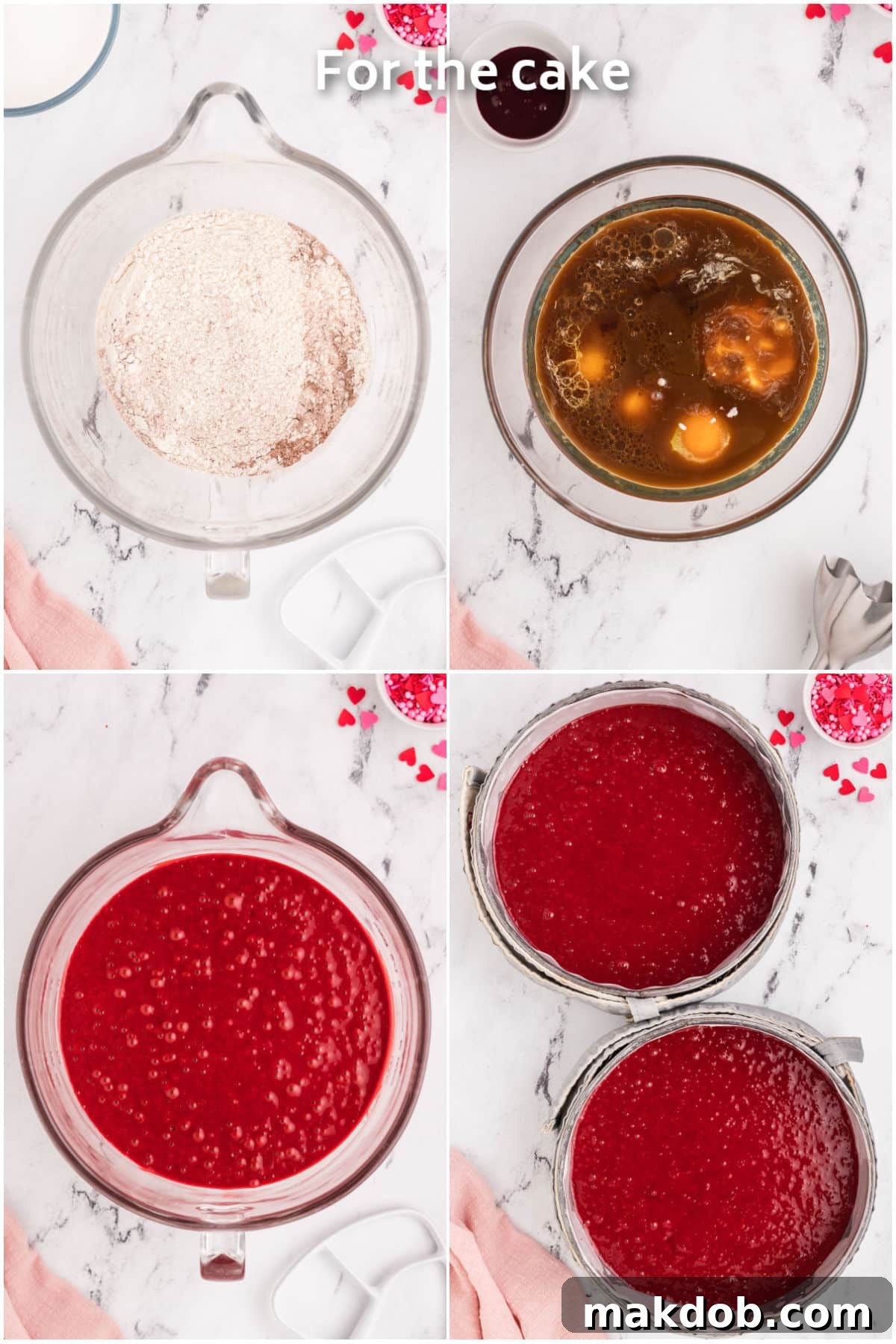A collage showing the process of making red velvet cake: dry and wet ingredients being mixed separately, then combined, and finally poured into round cake pans before baking.