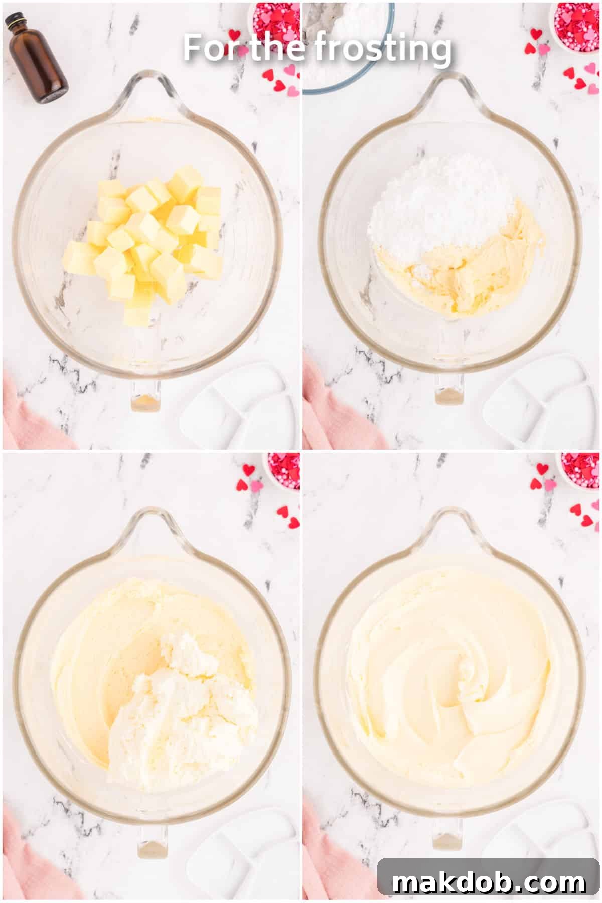 Close-up shot of creamy white cream cheese frosting being prepared in a large mixing bowl, showcasing its smooth texture.