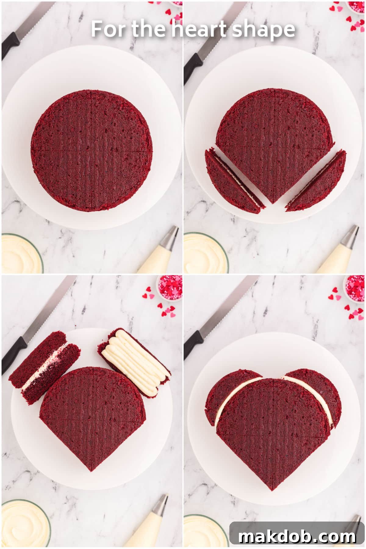 A visual guide showing a round cake being strategically cut into wedges and then reassembled with frosting to form a distinct heart shape, demonstrating the no-special-pan technique.