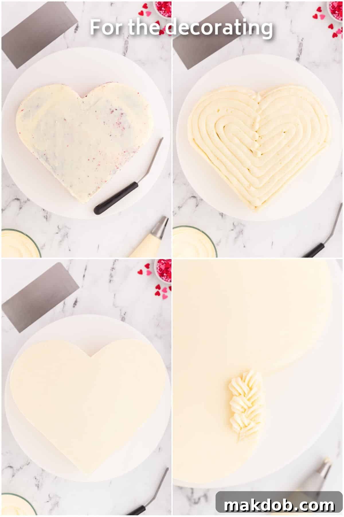 Close-up of a heart-shaped cake with cream cheese frosting piped elegantly along its edges with a star tip, adorned with festive sprinkles.