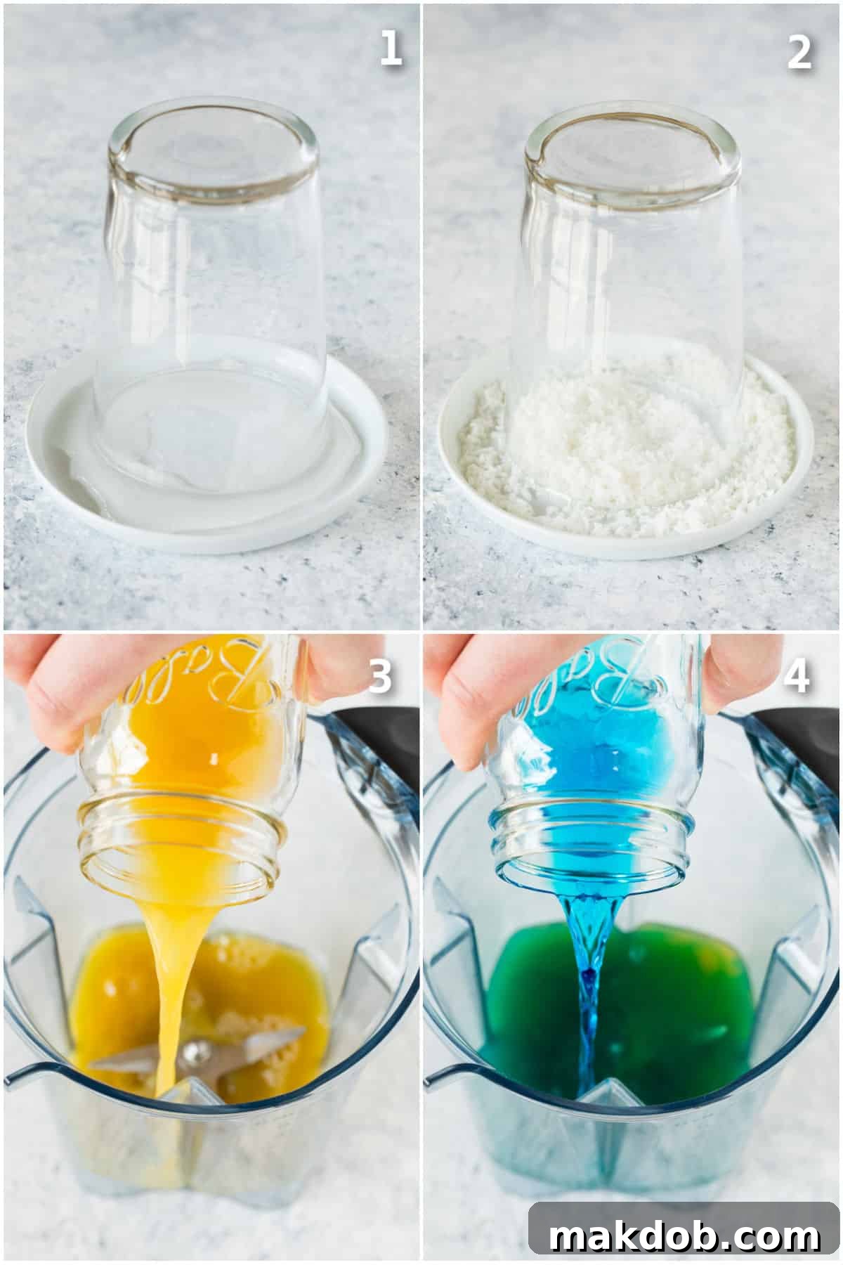 A glass rim being coated in coconut, and pineapple juice and blue curacao pouring into a blender.