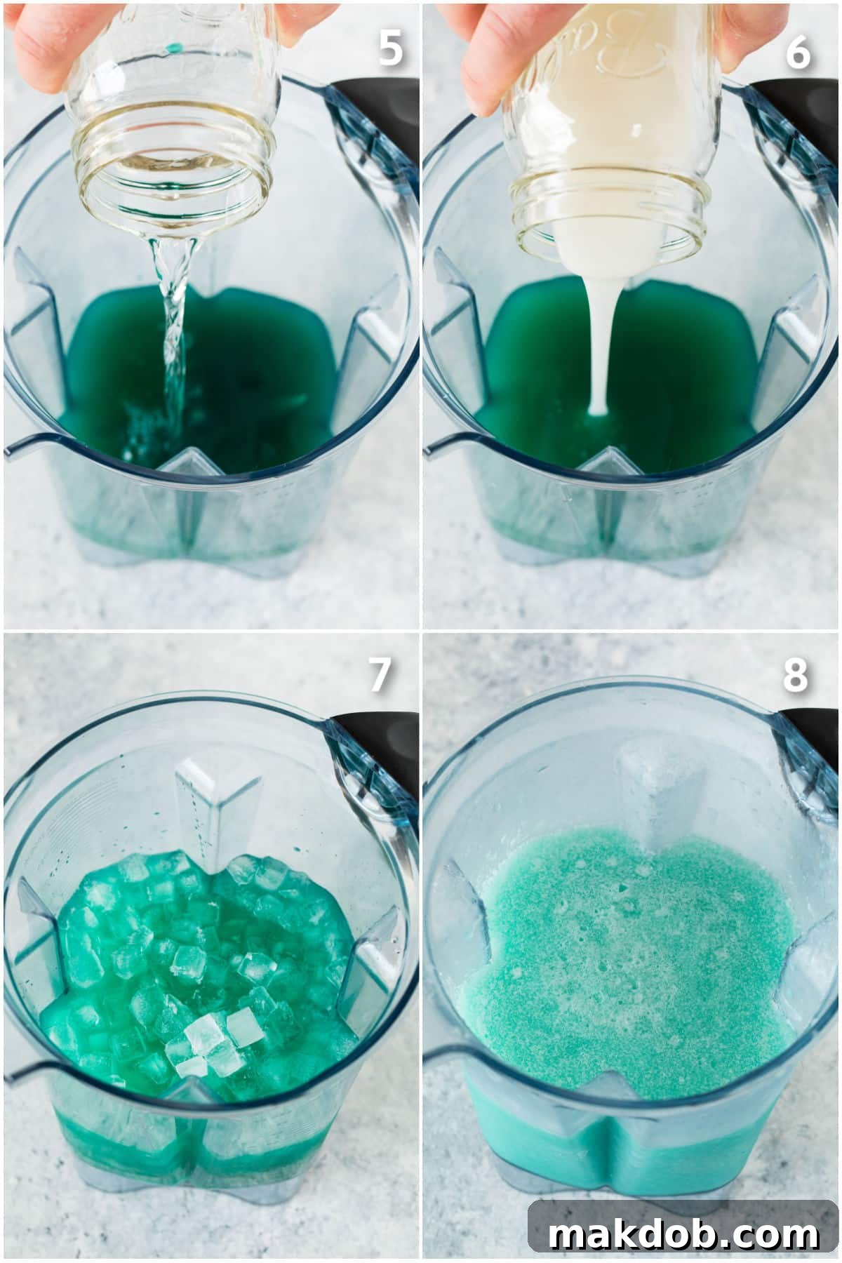 Coconut rum, ice, and cream of coconut being added to a blender for the Jack Frost cocktail.