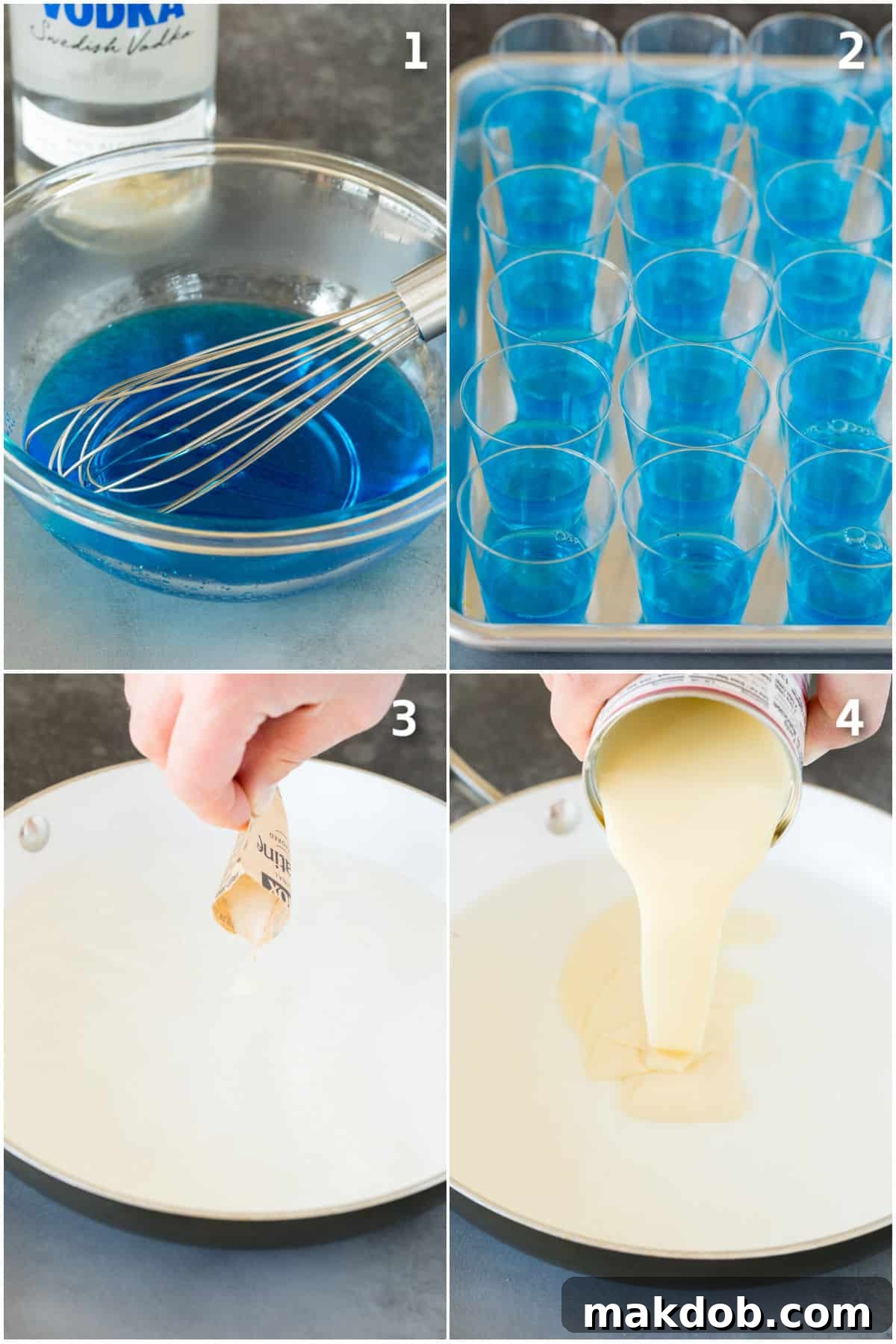 Star-Spangled Jell-O Shooters 4 Process of making blue jello and combining gelatin with condensed milk for the white layer.