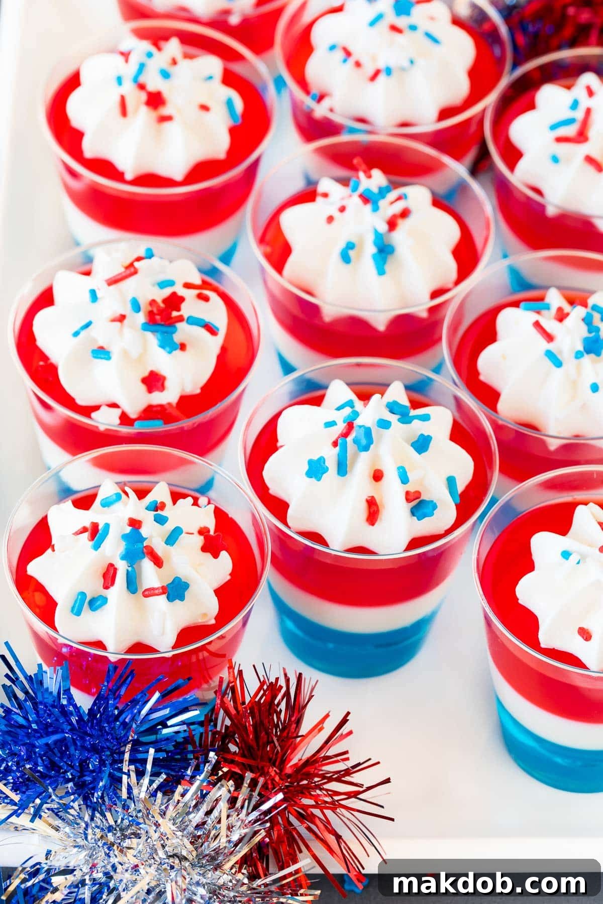 Star-Spangled Jell-O Shooters 6 A serving plate filled with patriotic 4th of July Jello shots ready for guests.