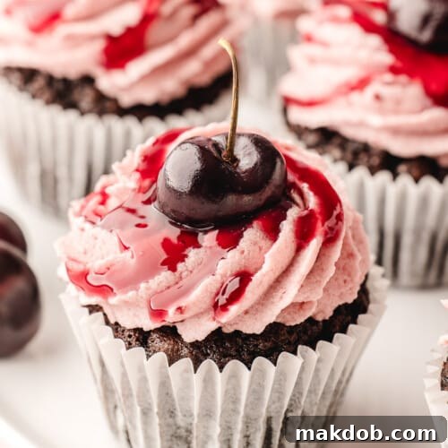Black forest cupcakes on a serving plate topped with fresh cherries.