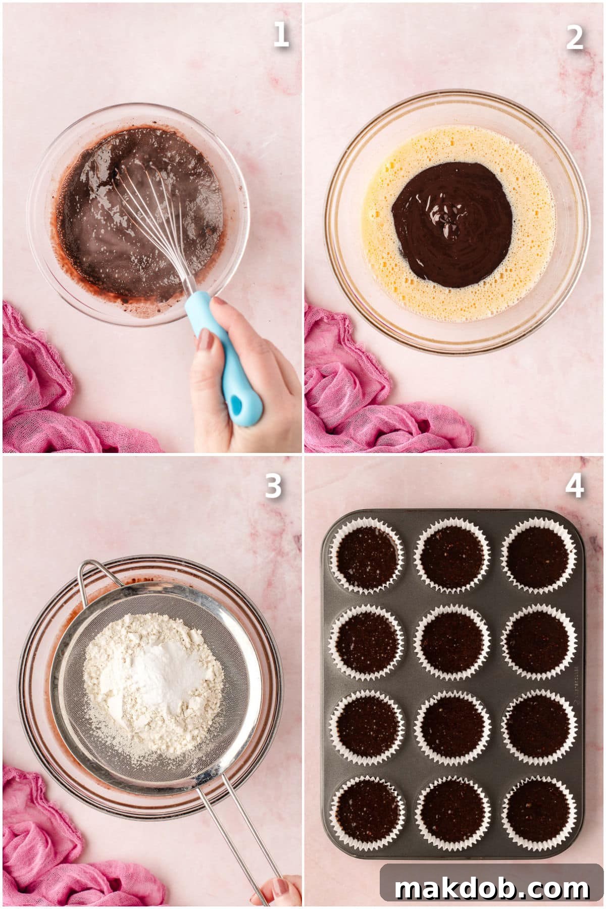 A visual collage showing the process of mixing chocolate cake batter and pouring it into muffin tins.
