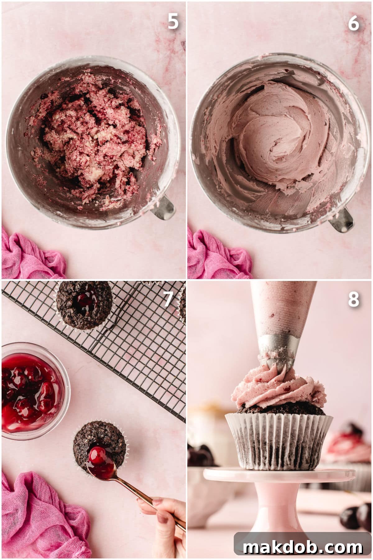 A visual collage illustrating the steps for making cherry buttercream frosting and piping it onto chocolate cupcakes.