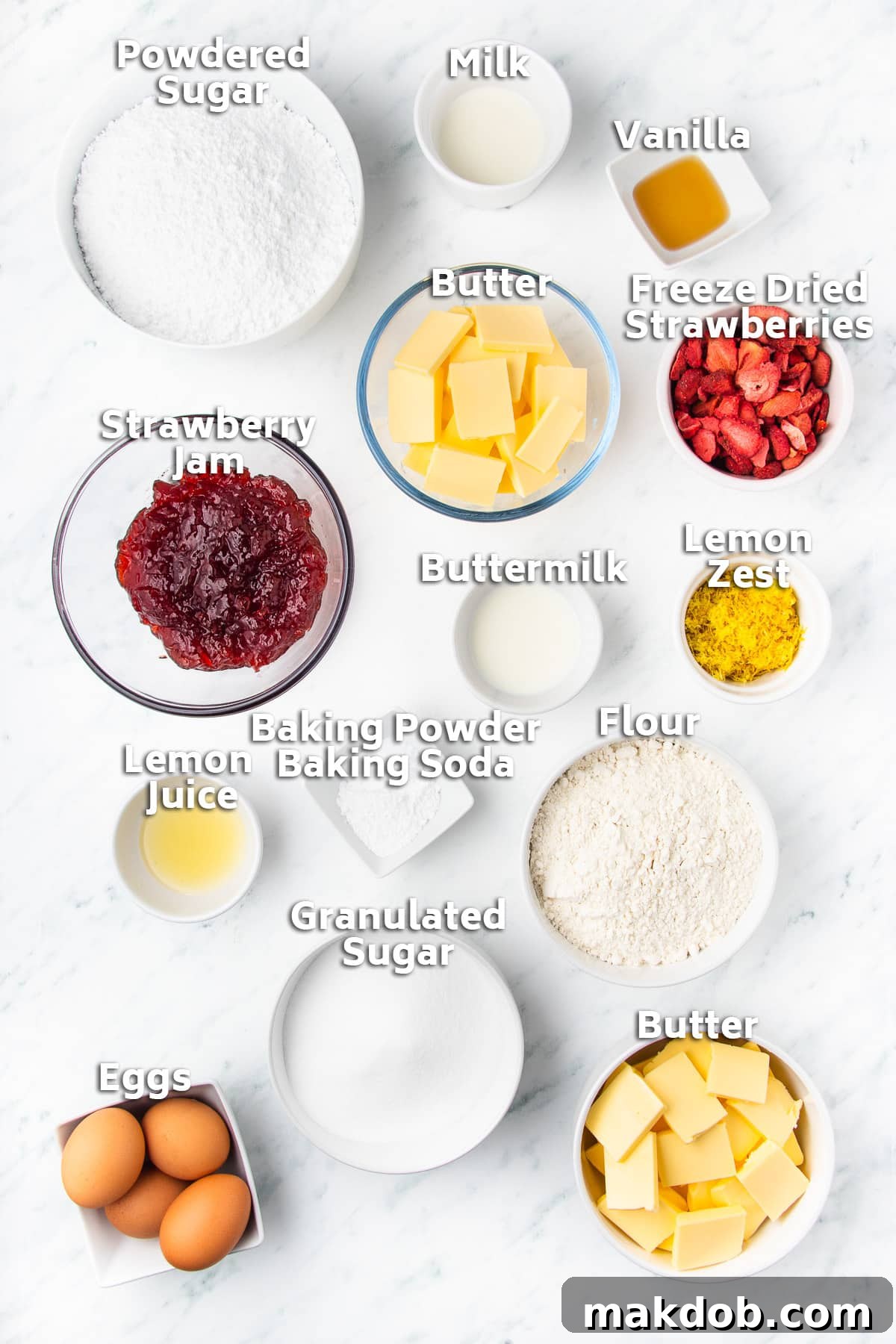 Sunshine Strawberry Lemon Cake 3 Bowls filled with fresh ingredients like butter, flour, sugar, milk, eggs, and a jar of strawberry jam, ready for baking.