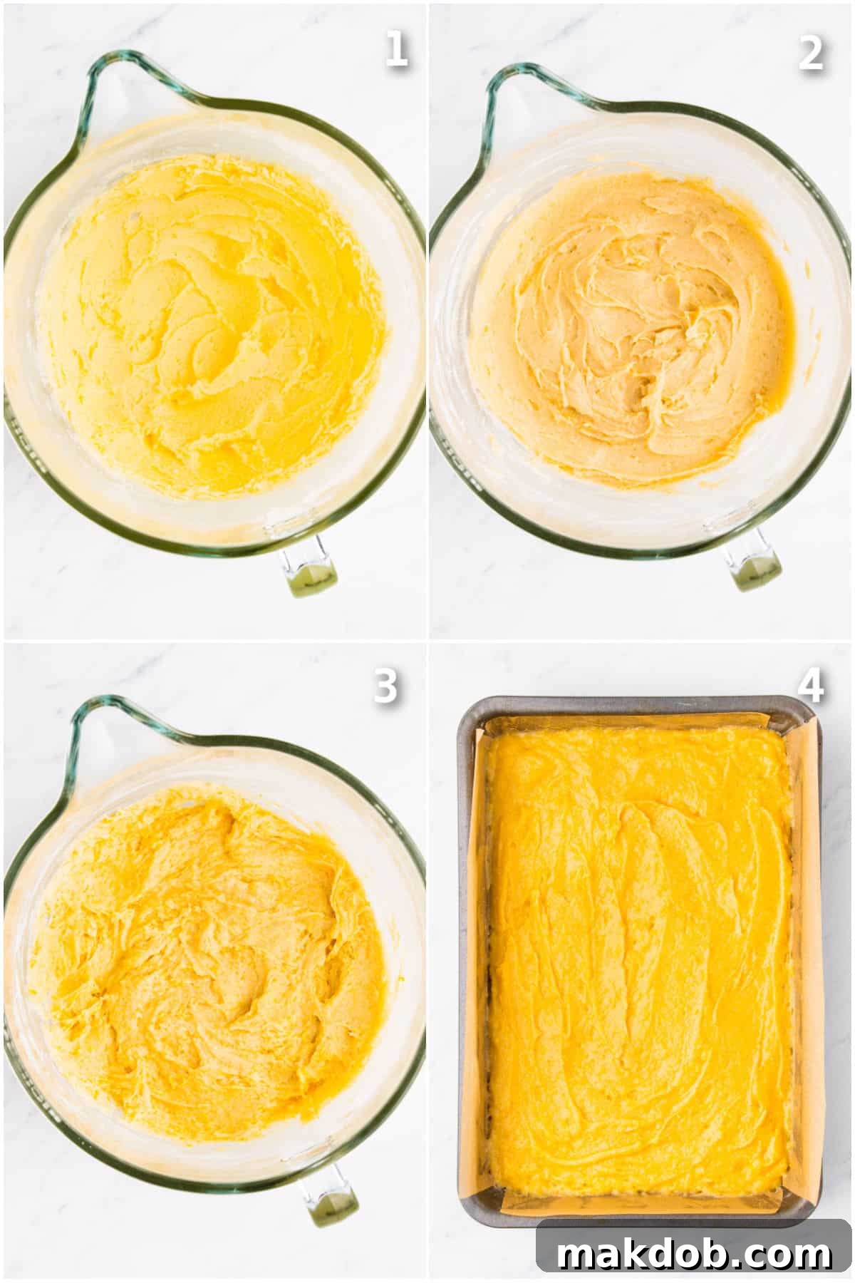 Sunshine Strawberry Lemon Cake 4 A collage showing the process of making the cake batter in a mixing bowl and then spread evenly in a baking pan.