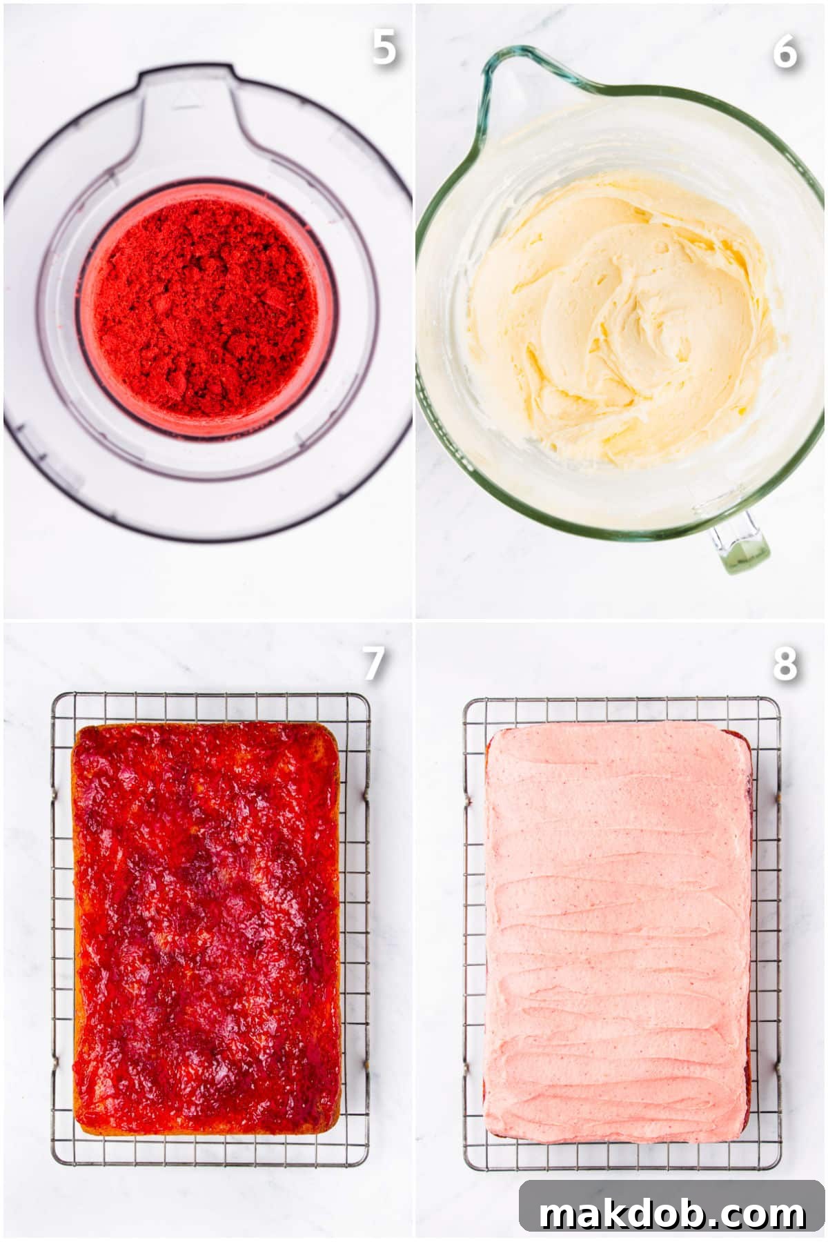 Sunshine Strawberry Lemon Cake 5 A collage demonstrating the making of strawberry buttercream and its beautiful application onto the cake layered with strawberry jam.