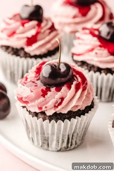 Sunshine Strawberry Lemon Cake 7 Rich Black Forest cupcakes beautifully arranged on a serving plate, each topped with a luscious swirl of cream and a fresh cherry.