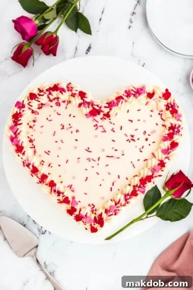 Sunshine Strawberry Lemon Cake 8 A charming heart-shaped cake displayed on a cake stand, generously covered with smooth cream cheese frosting and festive red and pink sprinkles.