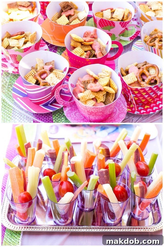 Bite-sized Snacks: Veggie Cups and Cereal Mix in Paper Teacups for Kids