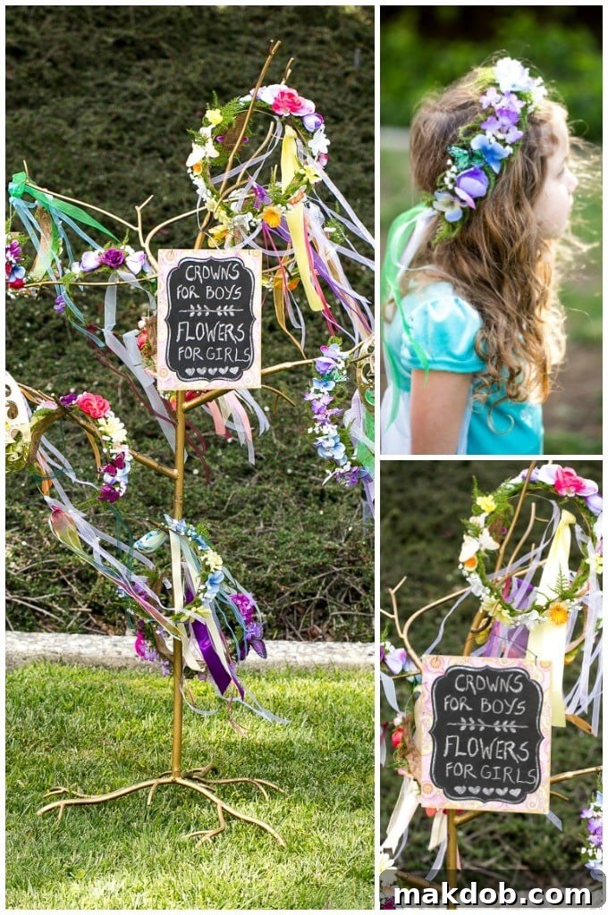 DIY Floral Hair Wreaths on a Royal Headpiece Tree at Princess Tea Party