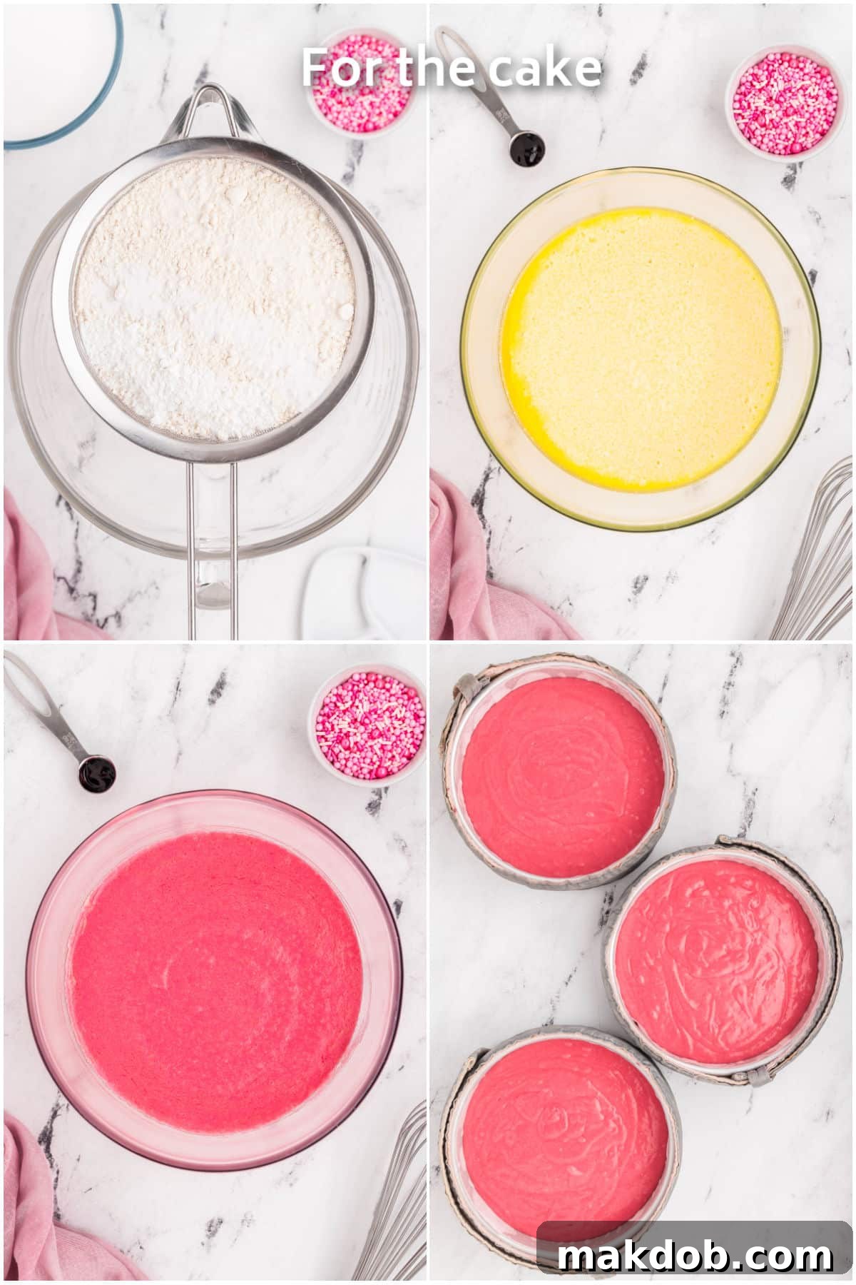 Pink cake batter being carefully poured into prepared round baking pans, showcasing the vibrant hue and readiness for baking.