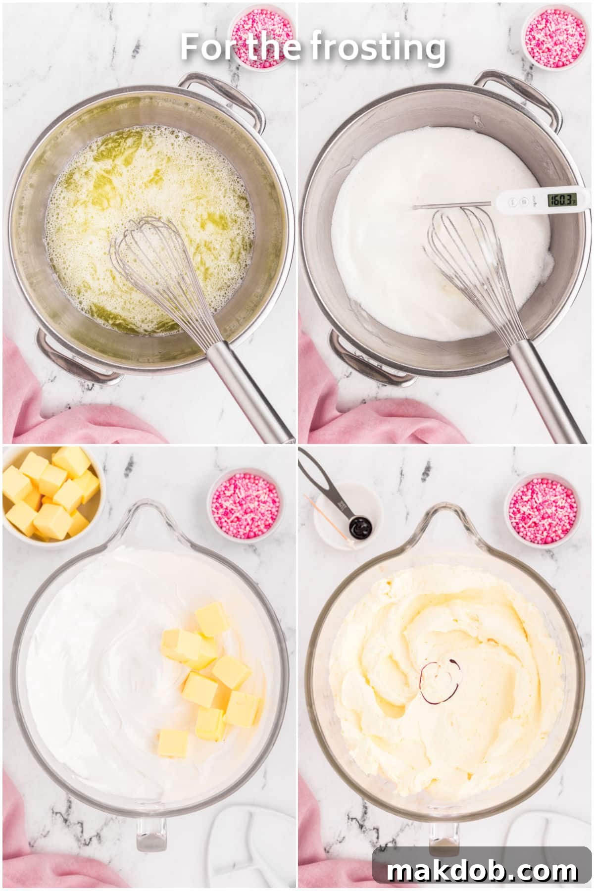 Swiss Meringue Buttercream being prepared in a stand mixer, demonstrating the smooth, fluffy texture forming as butter is incorporated.