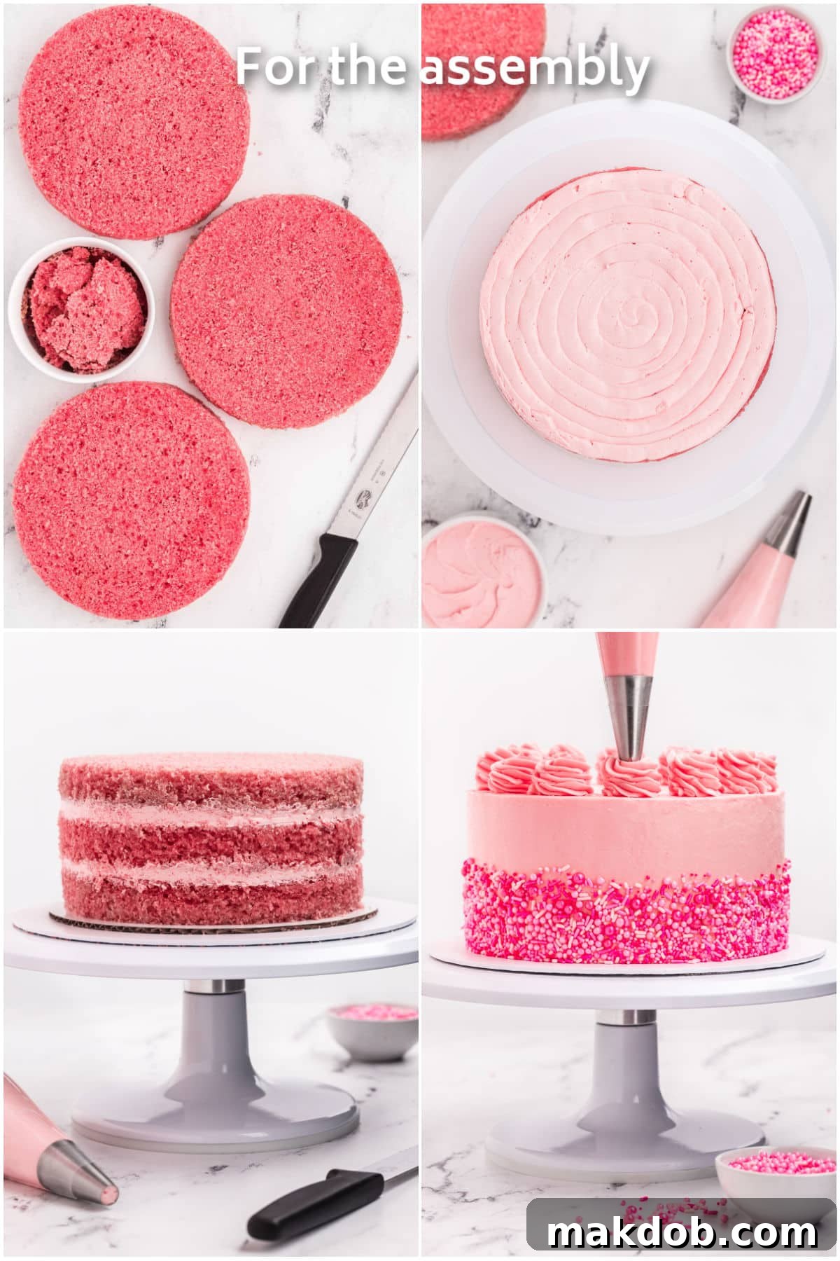 A beautiful layer cake being meticulously assembled and decorated with smooth pink frosting and vibrant sprinkles on a cake turntable.