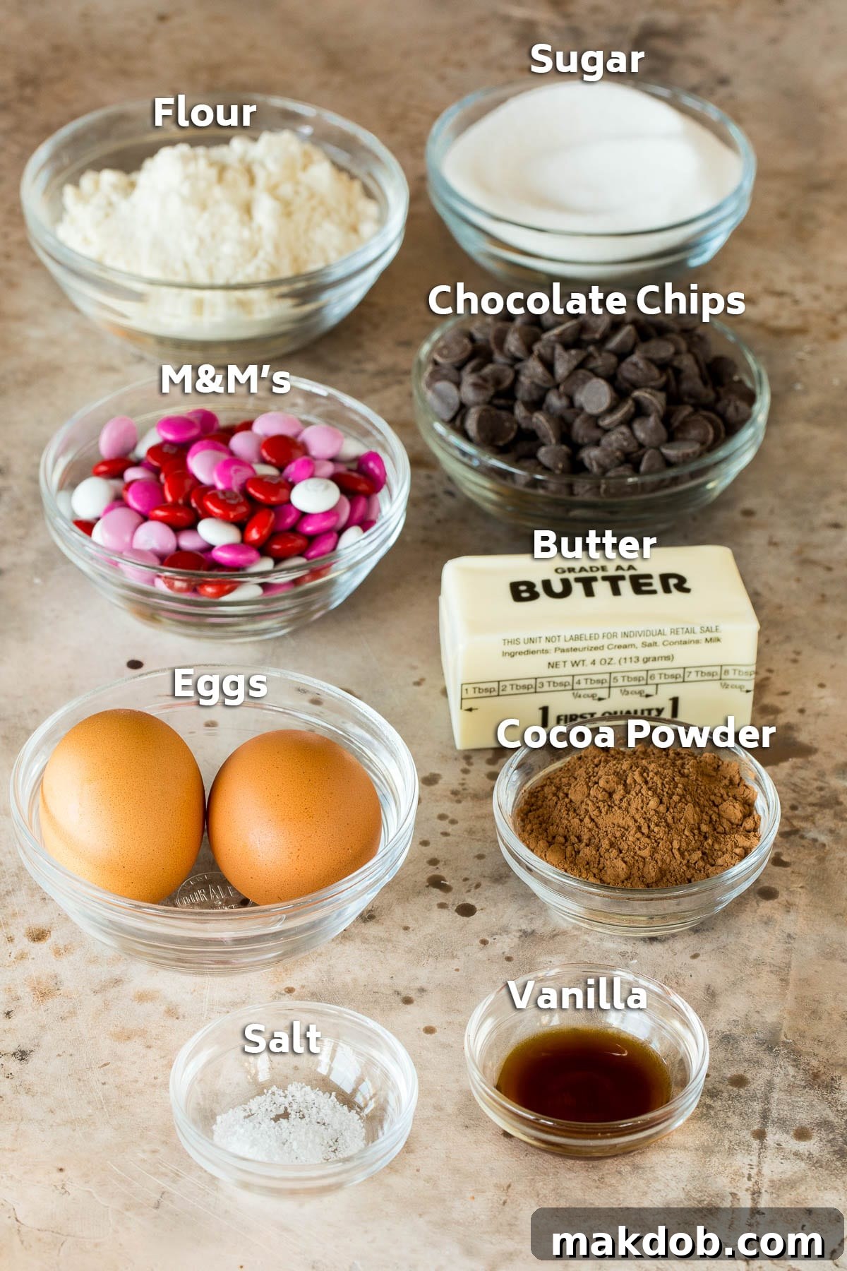 Sweetheart Brownies 3 Ingredients including butter, sugar, flour, chocolate and cocoa powder.
