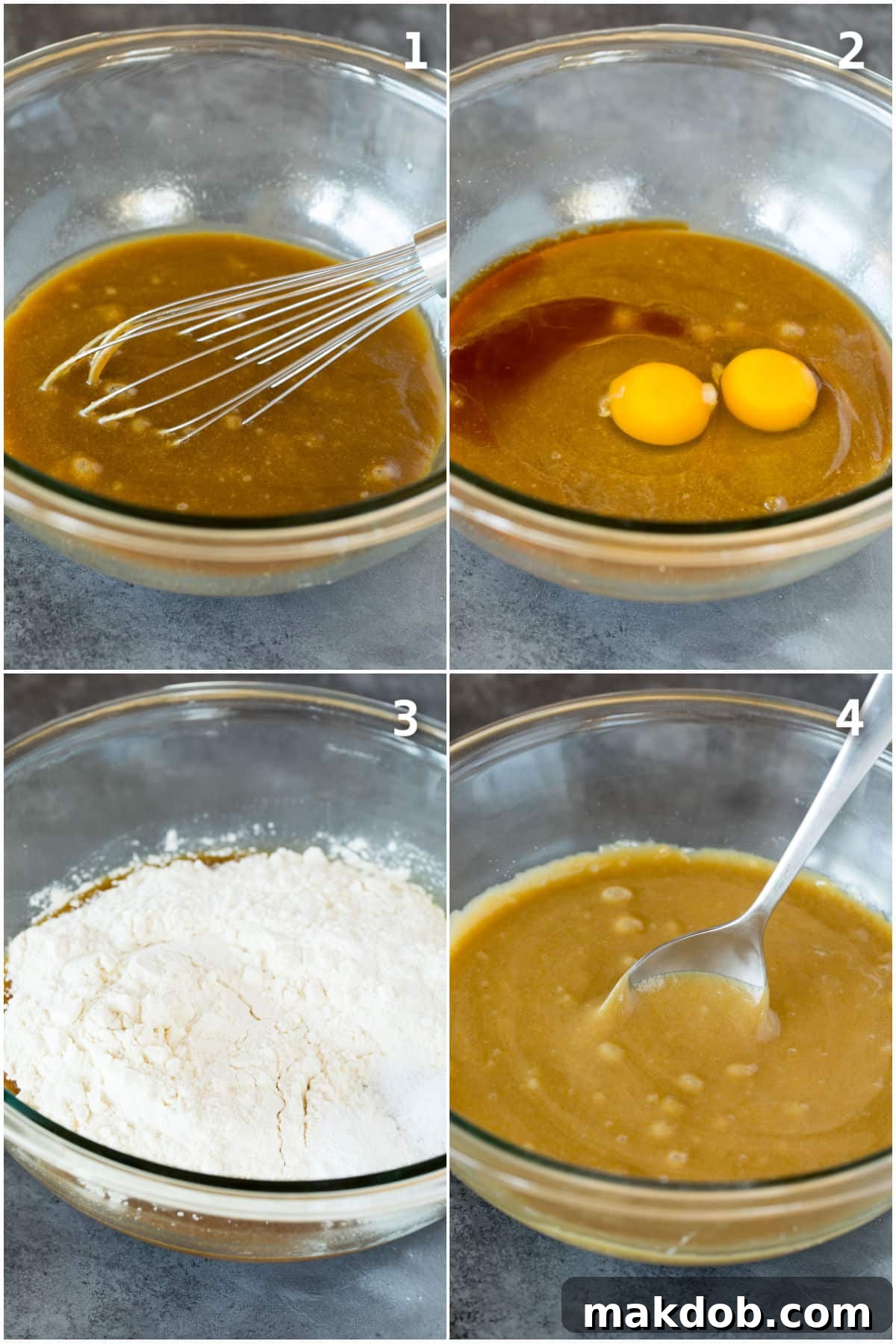 The process of preparing Christmas cookie bars, showing brown sugar, butter, eggs, and flour expertly mixed together to form a smooth, ready-to-bake batter.
