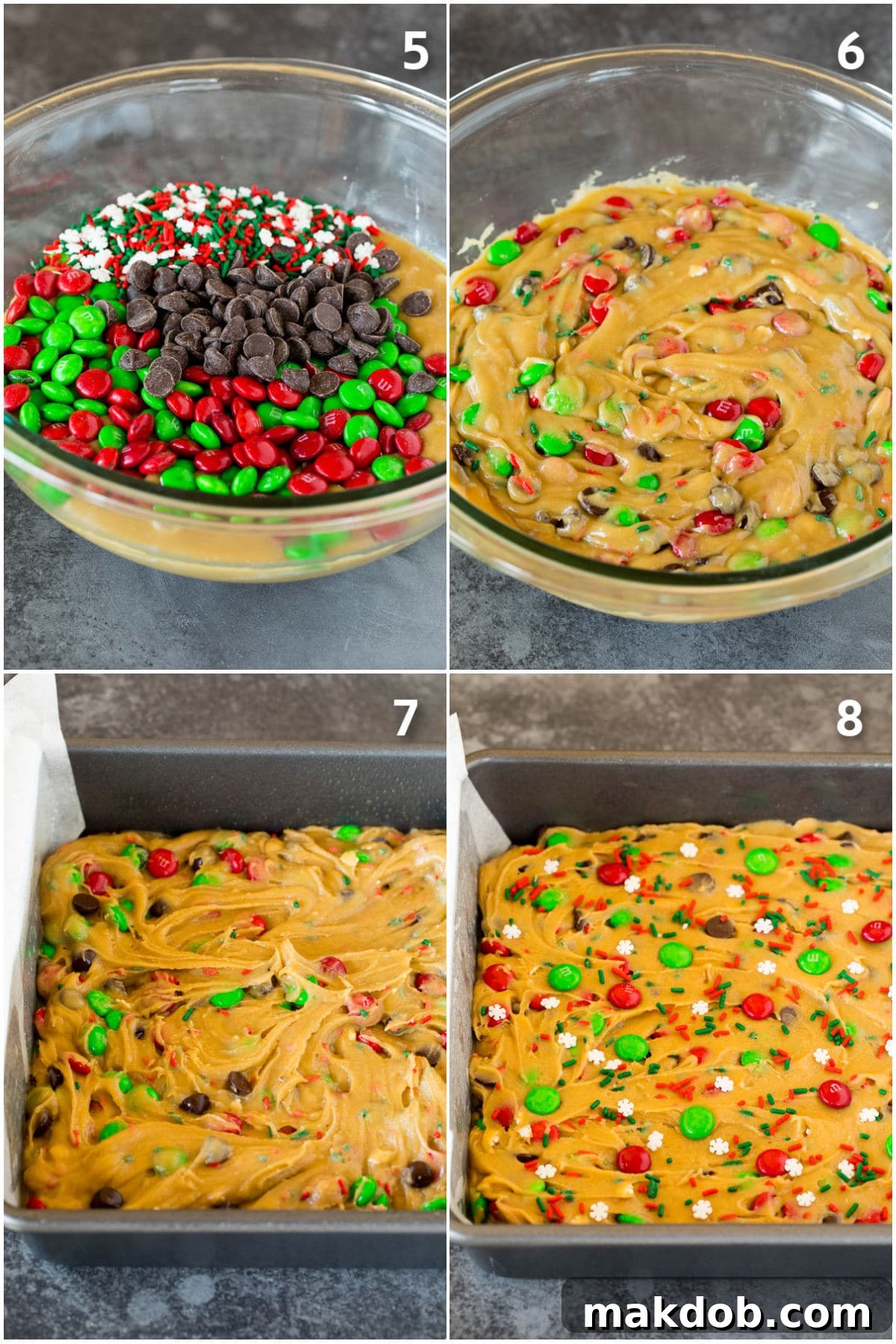 The final steps of preparing Christmas cookie bars, showing colorful M&M's and chocolate chips being folded into the cookie batter and then evenly spread into a prepared baking pan.