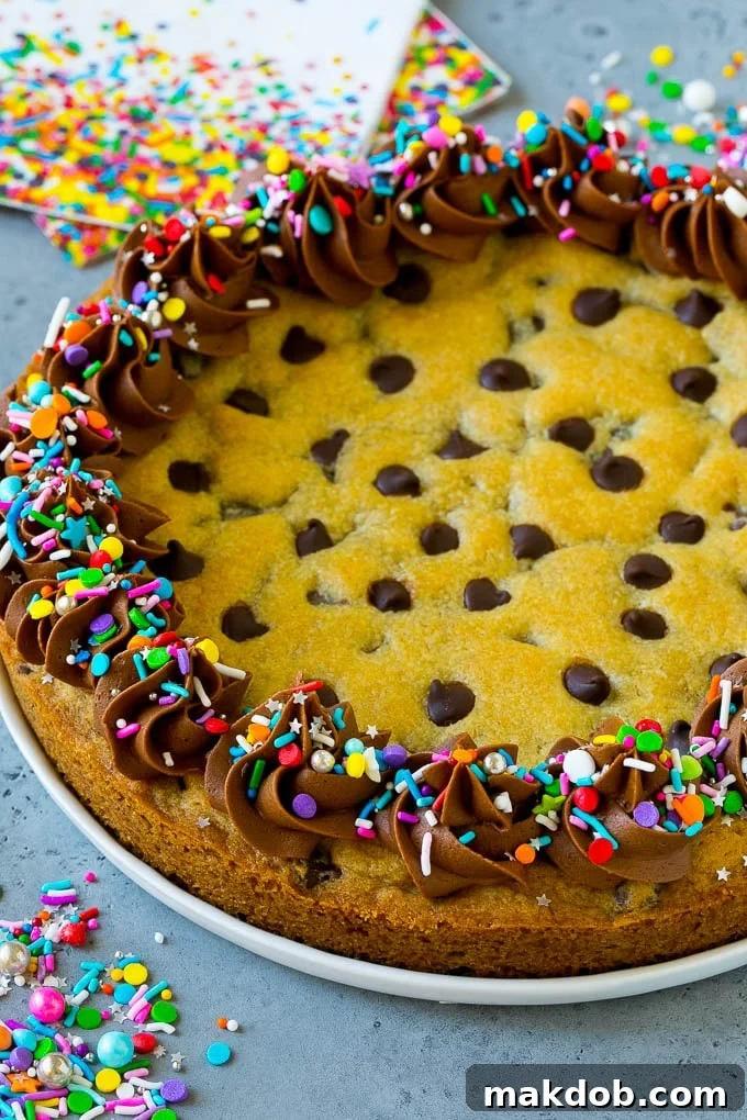 Delicious Chocolate Chip Cookie Cake Recipe with Frosting and Sprinkles A magnificent cookie cake, beautifully adorned with rich chocolate frosting and colorful sprinkles, ready to be served at a celebration.
