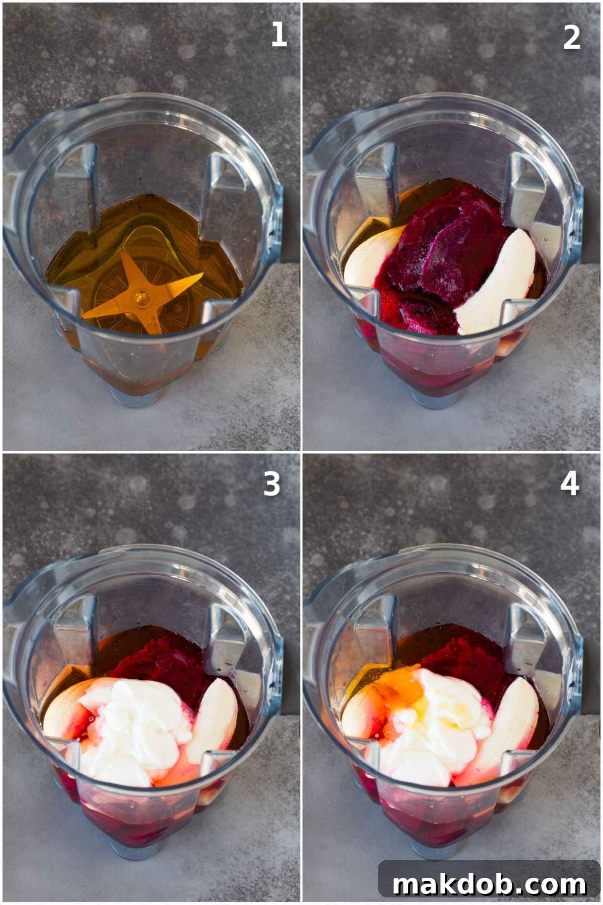 Apple juice, frozen dragon fruit, banana and yogurt being added to a blender for a dragon fruit smoothie.