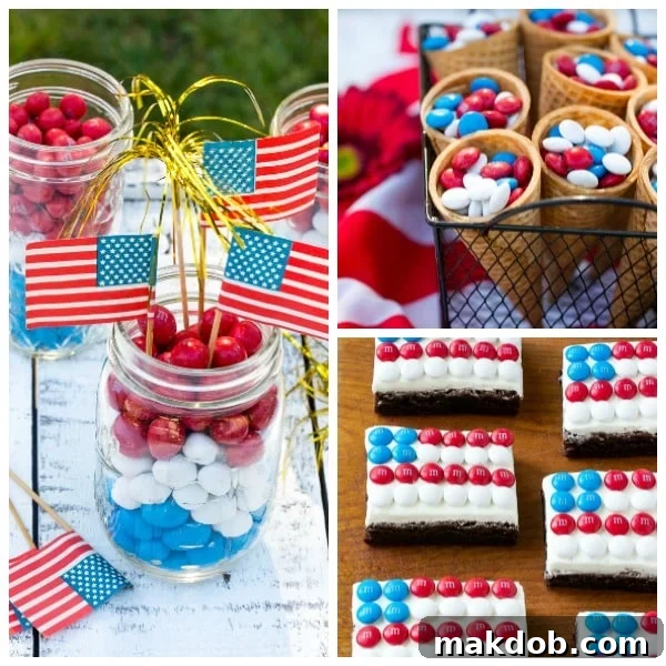 Red, white, and blue party ideas featuring festive treats and decor with M&M's for patriotic celebrations.
