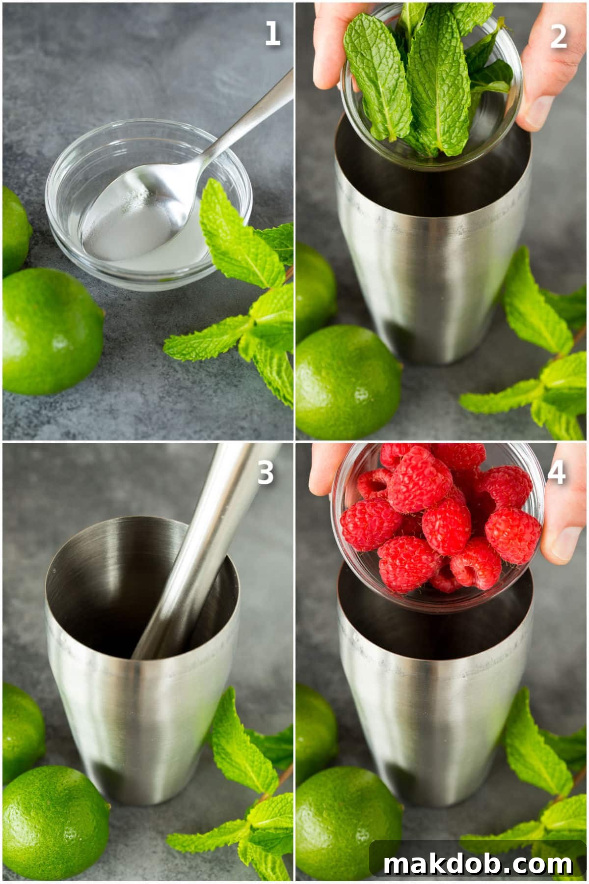 The process of making a Raspberry Mojito: muddling raspberries, mint, and simple syrup in a cocktail shaker.