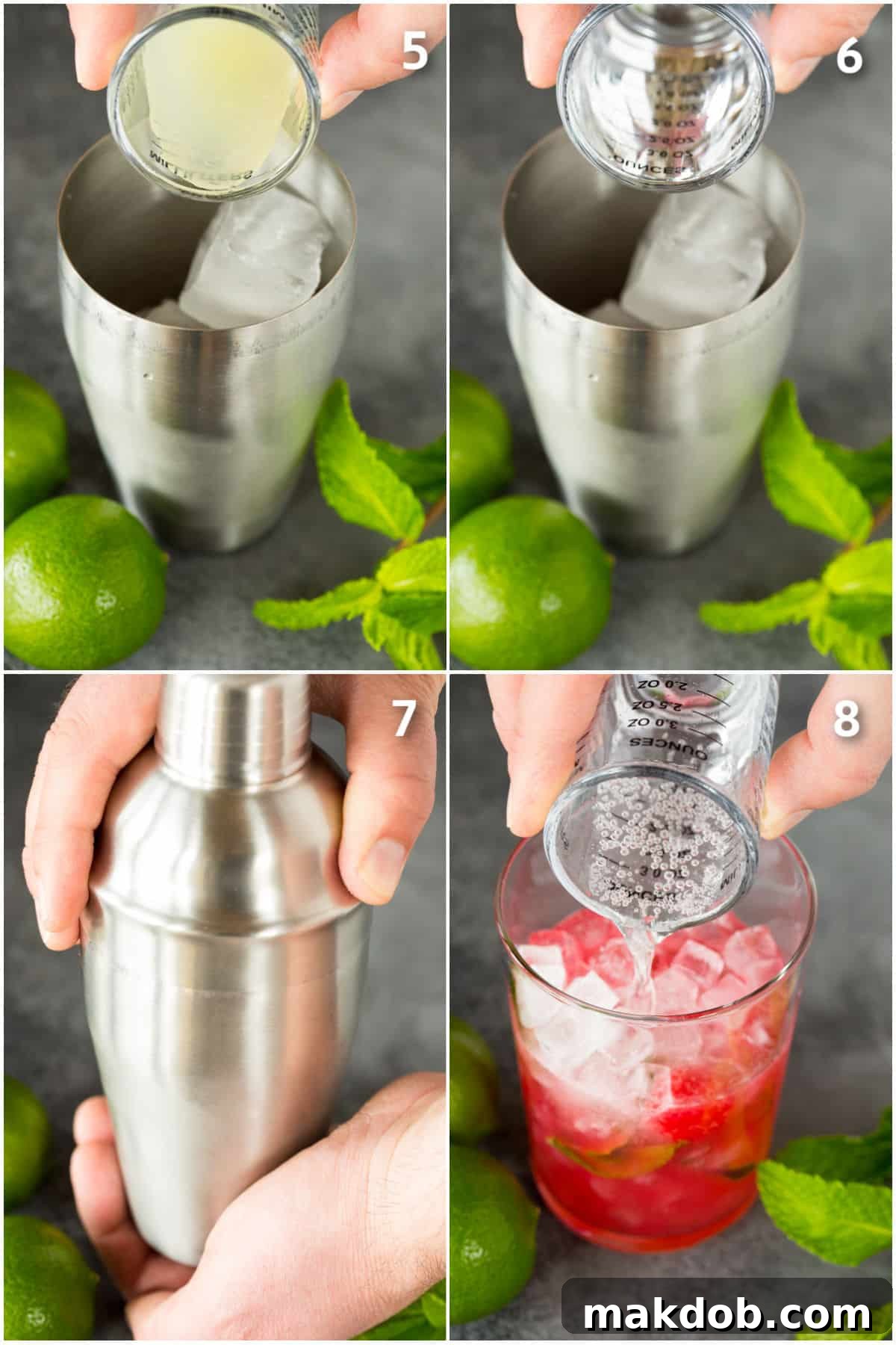Rum, fresh lime juice, and sparkling club soda being added to a cocktail glass with muddled raspberries and mint.