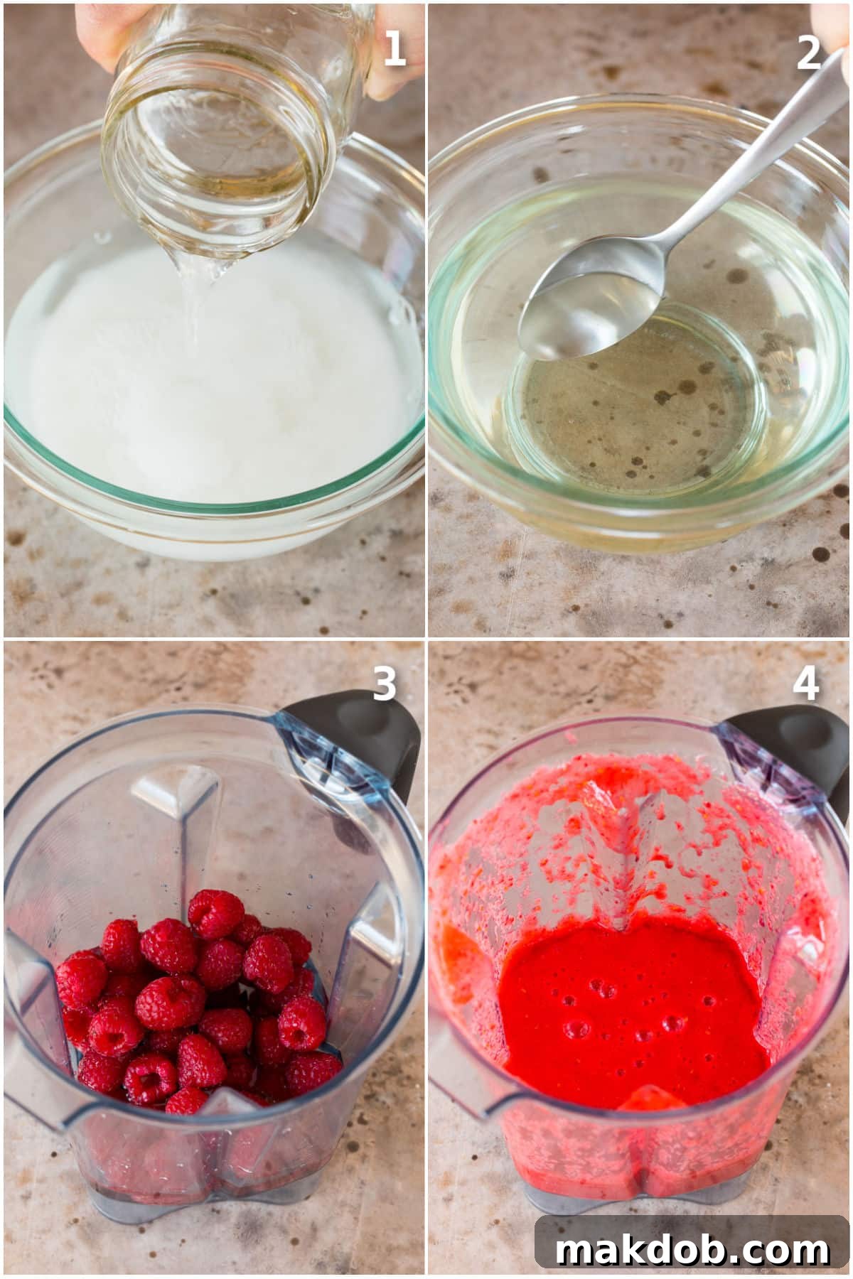 A collage showing the process of making raspberry lemonade: one image shows sugar being dissolved in water to make simple syrup, and another shows fresh raspberries being blended with water to create a puree.