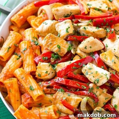 This recipe for chicken riggies is sauteed chicken with peppers and rigatoni pasta, all tossed in a creamy tomato sauce. This spicy chicken rigatoni dish is pure comfort food and can easily be doubled to serve a crowd!