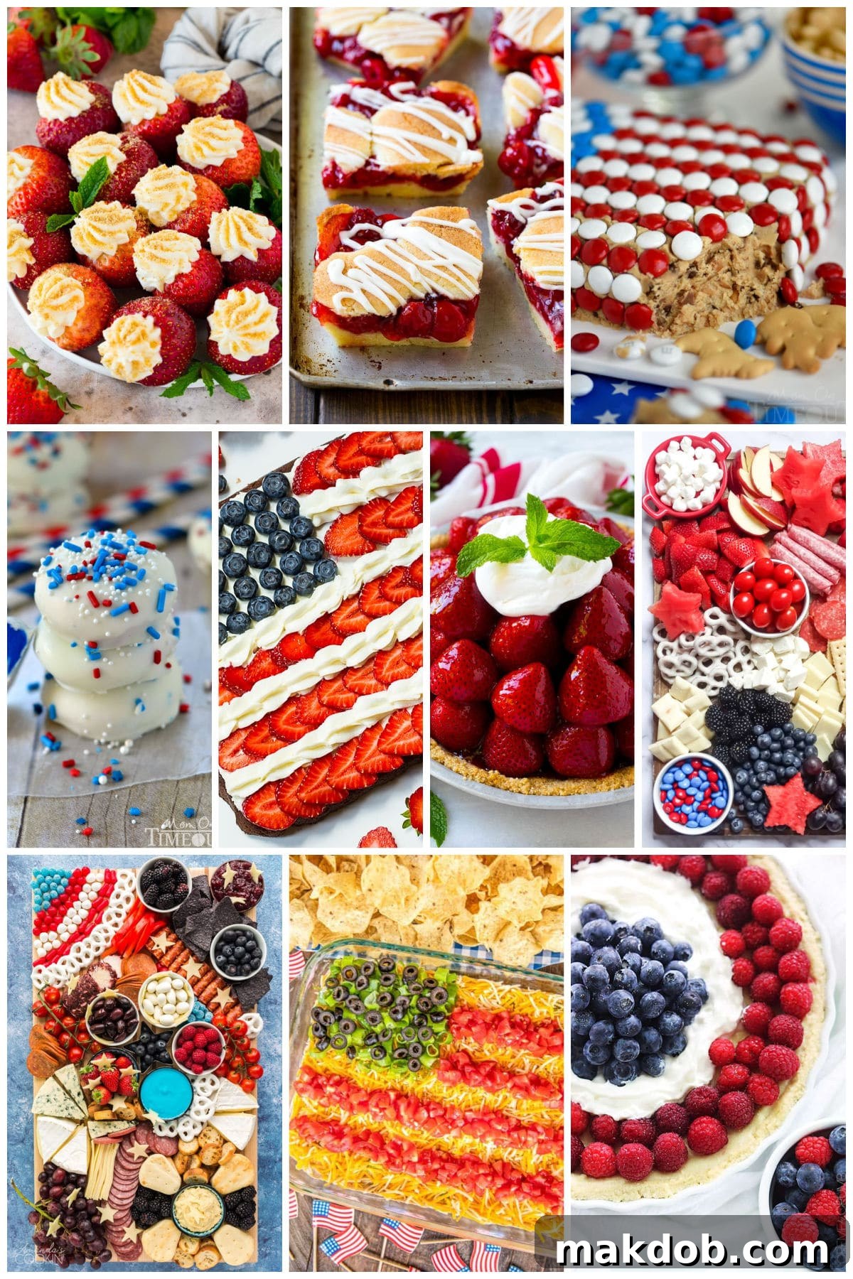 A patriotic collection of red, white, and blue recipes perfect for the 4th of July, featuring a fresh strawberry pie and delicious cherry bars.