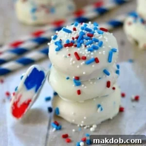 An image of a stack of three red, white and blue candies.