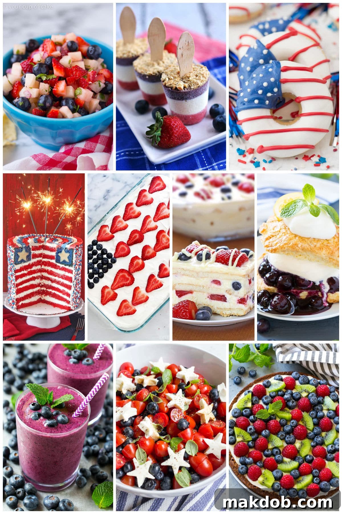 30 Festive 4th of July Recipes 3 A group of festive 4th of July recipes like American flag layer cake, blueberry tomato caprese salad and blueberry shortcake.